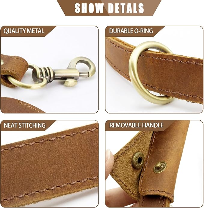 Jack&Chris Leather Dog Leash, Durable Dog Leashes for Large Dogs Heavy Duty with Comfortable Padded Handle for Small Medium Large Breed Puppies, Slip Leads for Dogs for Walking Running, Light Brown