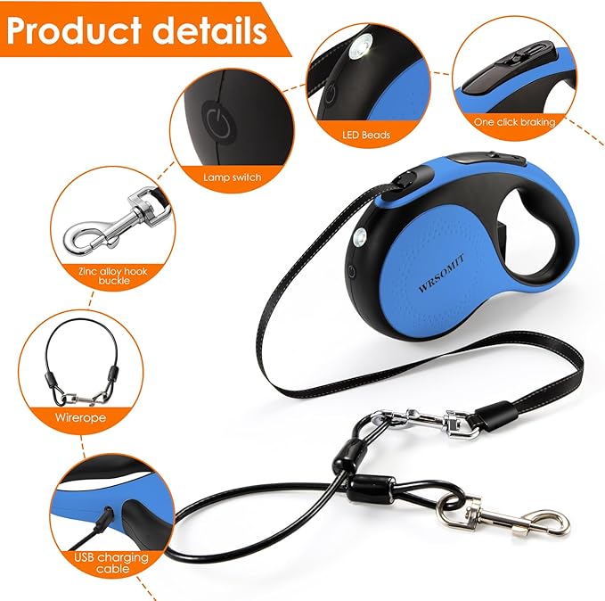 Retractable Dog Leash with Chew Proof Cable and LED Flashlight, 16Ft Heavy Duty Dog Leash for Medium Large Dogs up to 110lbs, 360° No Tangle (Blue+16ft+LED)