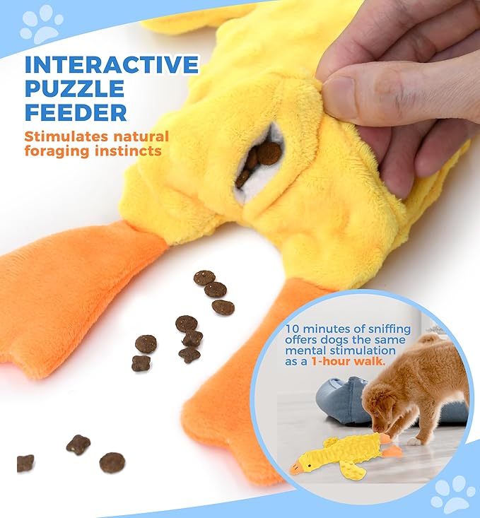 Squeaky Plush Dog Toy for All Breeds, Multifunctional Goose Dog Toy with Honking Sound, Crinkle Paper, Treat Pocket, Durable Soft Stuffed Animal for Chewing, Cuddling, Interactive Play (Yellow)