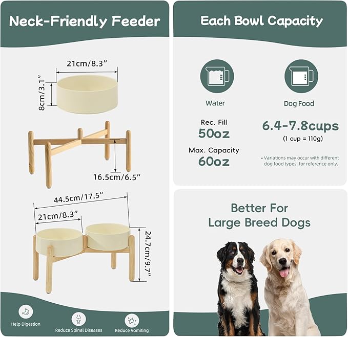 Ceramic 8.2inch Raised Dog Bowl with Stand for Large- Breed Dogs, Pet Food and Water Feeder (Double Bowl with Stand - Beige)