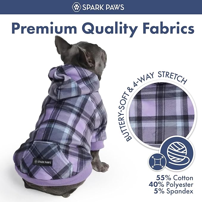 Spark Paws Dog Hoodie – Premium Dog Sweater for Small, Medium, and Large Dogs | Warm Outfits for French Bulldogs, Pitbull, Puppy, Winter Jacket Alternative - Purple Plaid - XL