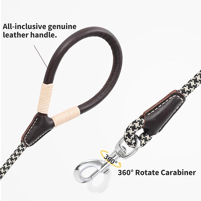 Mile High Life Genuine Leather Wrapped Handle Dog Leash, w Heavy Duty Clasp Rope Leash for Small Medium Large Dogs (Black Khaki, 6FT)