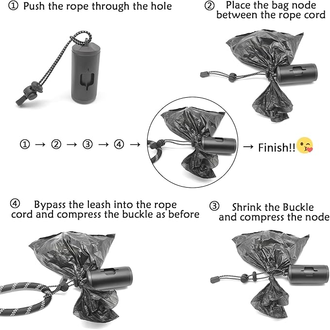 Aluminum Dog Poop Bags Holder with Carabiner Metal Pet Waste Bags Dispenser with Hook and Loop Fastener and Elastic Cord to Carry Used Bags (Black, 1 Holder 15 Bags)