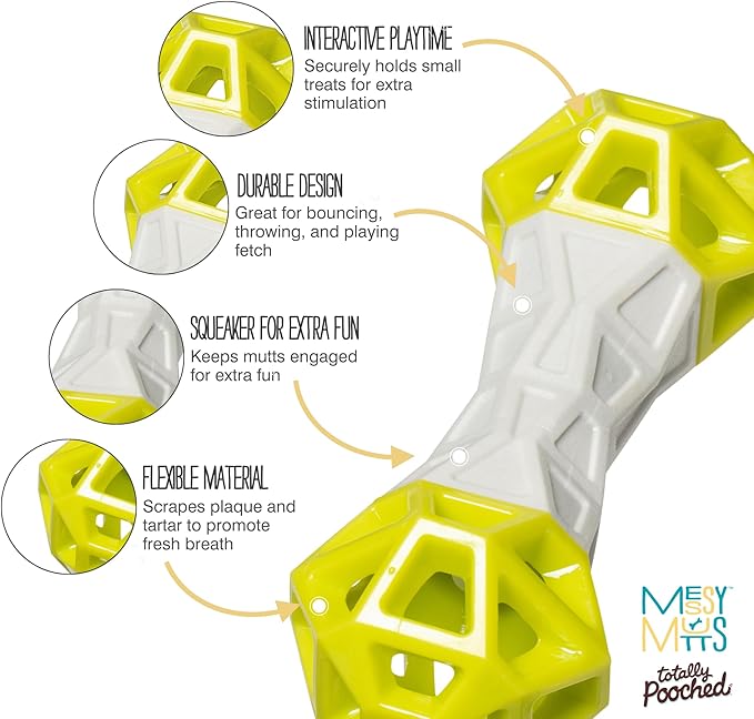Messy Mutts Totally Pooched Flex n' Squeak Dumbbell | 7” Foam Rubber Dog Toy with Squeaker | Made for Tough Chewers | Interactive Treat Puzzle for Dogs | Grey/Green