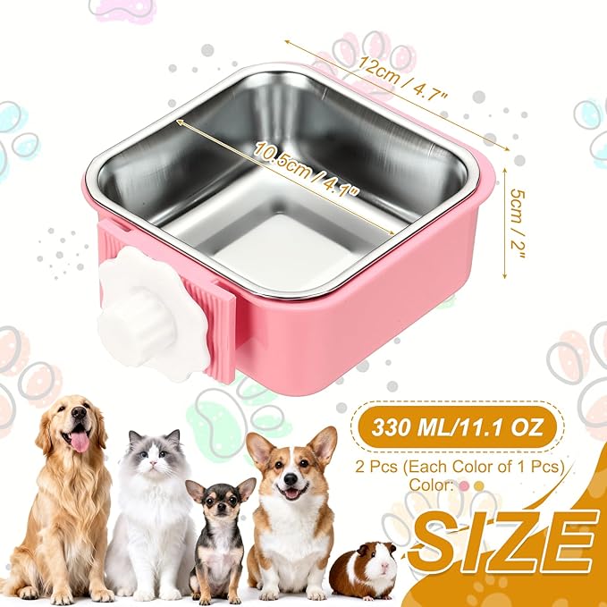 Crate Dog Bowl, Removable Stainless Steel Pet Cage Hanging Anti-Overturn Food Water Feeder Cage Cup (2Pcs, Square, Yellow/Pink, 11.1oz), Intended for Puppies/Cat/Rabbit/Bird