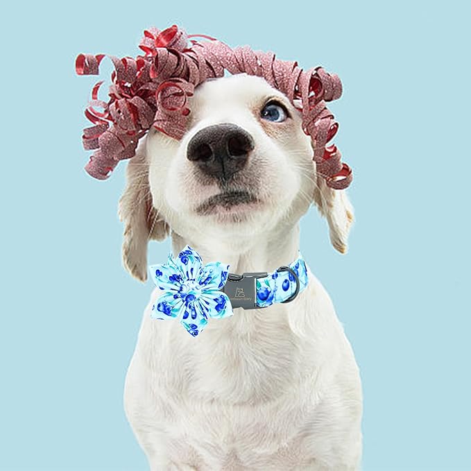 Lionheart glory Dog Collar with Flower Blueberries Print Collars for Large Dogs, Spring Summer Cute Duty Adjustable Dog Flowers Collar Puppy Collars Bows Pet Gift