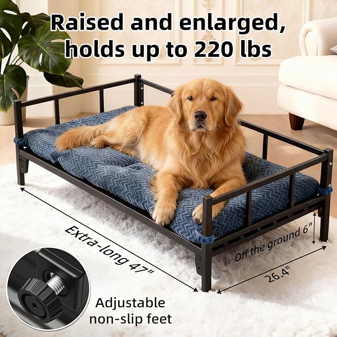 Raised Dog Bed with Waterproof Steel Frame - Washable Cushion Mat, Elevated Pet Cot for Large Size Dog, Breathable, Durable, No-Slip Feet, for Indoor & Outdoor, Black