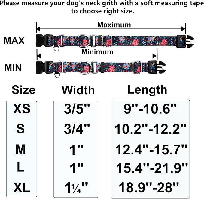 Martingale Collar for Dogs Floral Dog Collars for Small Medium Large Dogs with Buckle Adjustable Soft Nylon Dog Collar (Blue Pink Flower, XSmall)