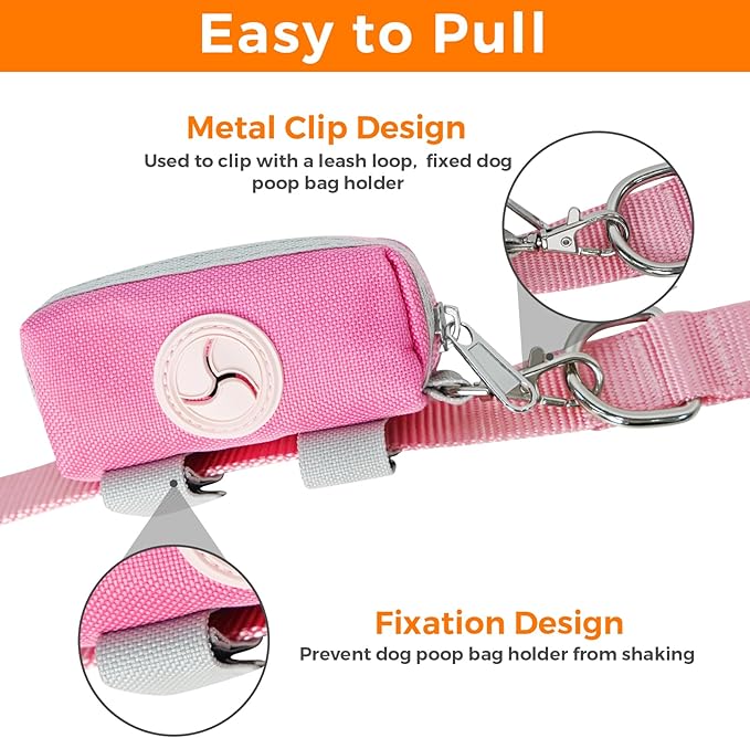 Dog Poop Bag Holder Zippered Pouch, Portable Dog Poop Bag Dispenser with 1 Metal Clip, Fashion Color Matching Canvas Waste Bag Holder for Leashes - Pink
