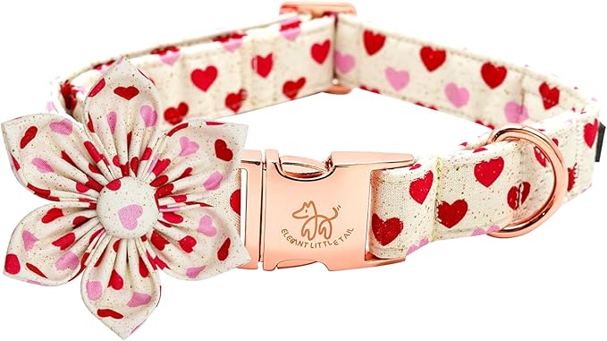 Elegant little tail Valentine's Dog Collar, Heart Dog Collar with Flower Cute Girl or Boy Pet Collars with Flower Puppy Gift Adjustable Pet Collars for Large Dogs