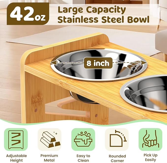 Elevated Dog Bowls, Adjustable Raised Dog Bowl Stand for Medium and Small Pet, 11" High Bamboo Pet Food Feeder with 2 Stainless Steel Dishes（4 Height）