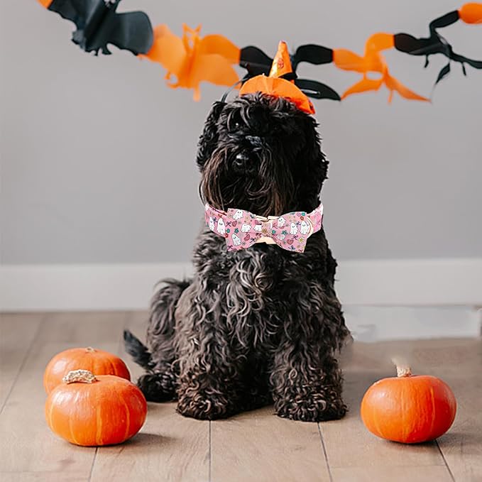 Elegant little tail Halloween Dog Collar, Pink Ghosts Print Dog Collar with Bow Puppy Collar Bowtie Flower Female Cotton Adjustable Collars for Small Medium Large Dogs