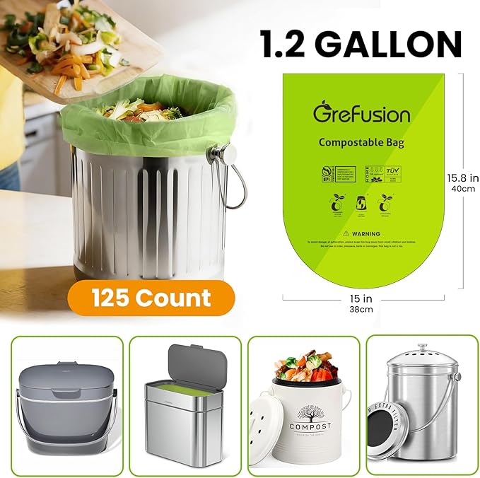 GreFusion Compostable Bags for Kitchen Compost Bin, 1.2 Gallon, 125 Count, Certified by BPI and ASTM, Leakproof and Odor Control