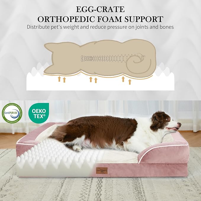 Comfort Expression Orthopedic Dog Bed for Extra Large Dogs 42x30 Inch, Waterproof Supportive Egg Crate Foam XL Pet Bed with Removable Bolsters, Dog Couch with Washable Cover & Non-Slip Bottom, Pink