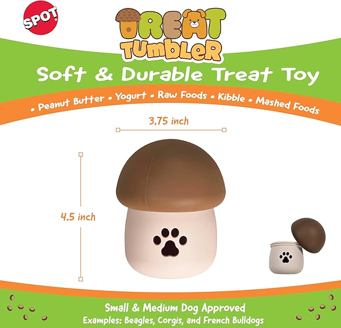 SPOT Treat Tumbler Mushroom – Freezable & Fillable Treat Dispensing Dog Toy for Small & Medium Dogs, Silicone, Easy to Clean, Interactive, Holds Small Kibble & Soft Snacks, 4.5 in
