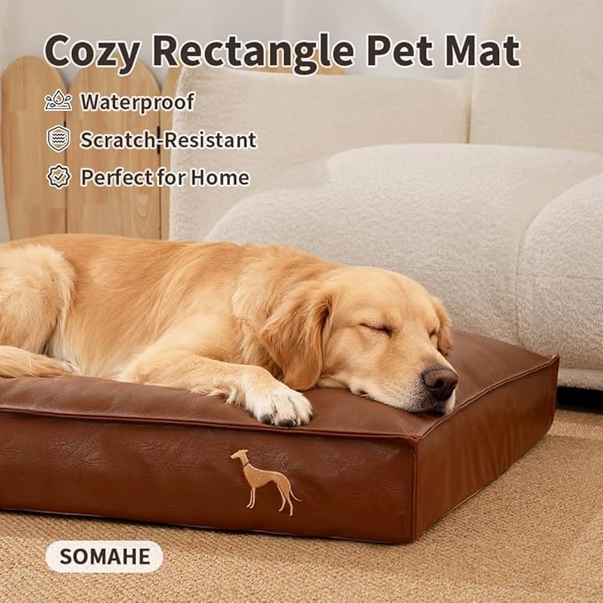 Dog Bed Medium Size Dog Orthopedic Beds for Small Dogs with Removable Washable PU Leather Cover Waterproof Brown 35.4×27.5×4inch