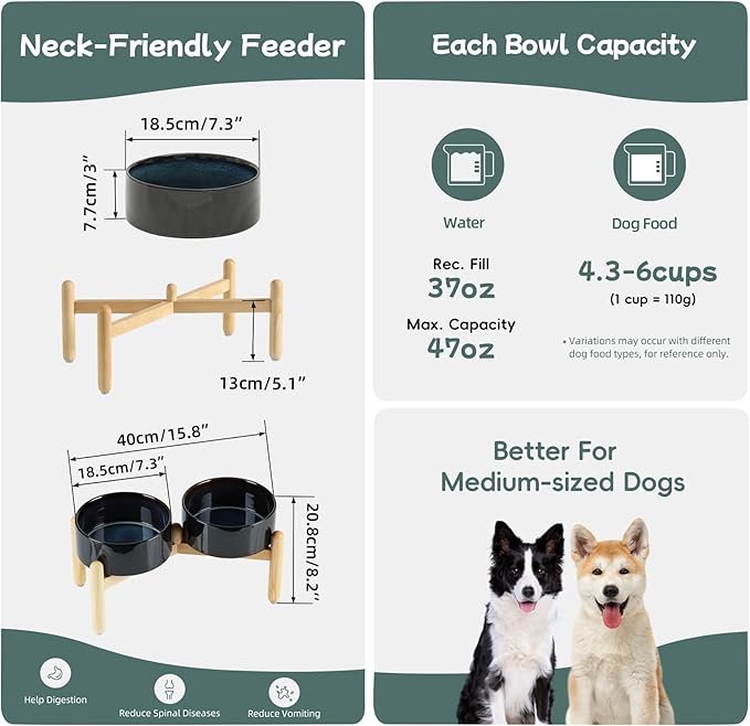 Ceramic 7.3inch Raised Double Bowls Set with Wooden Stand, Food & Water Bowls for Medium Breed Dogs, Weighted Dog Dishes, Pet Feeder(Starry Sky)