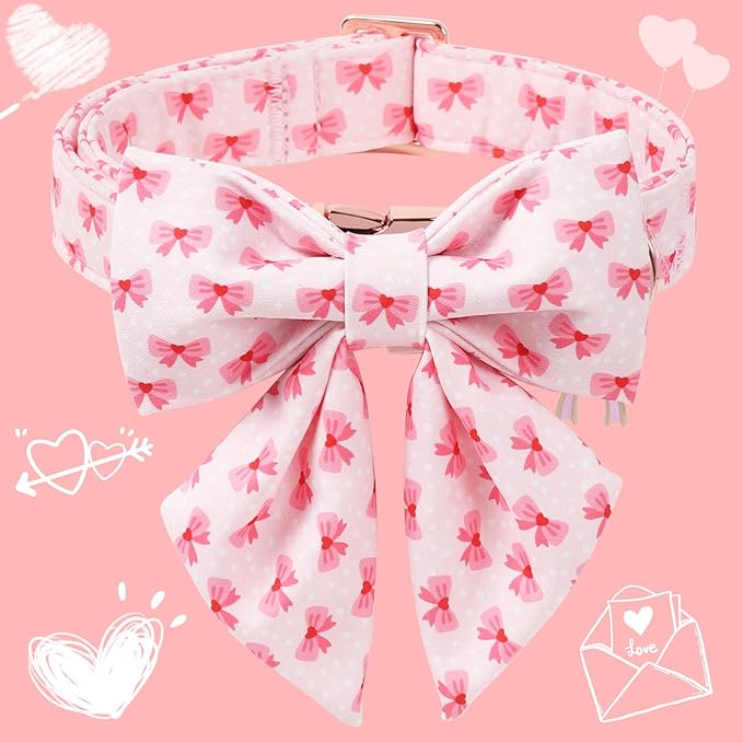 DOGWONG Valentine Dog Collar with Bow, Metal Buckle Adjustable Pink Bowtie Pet Valentine Collars for Puppies and Cats, XS