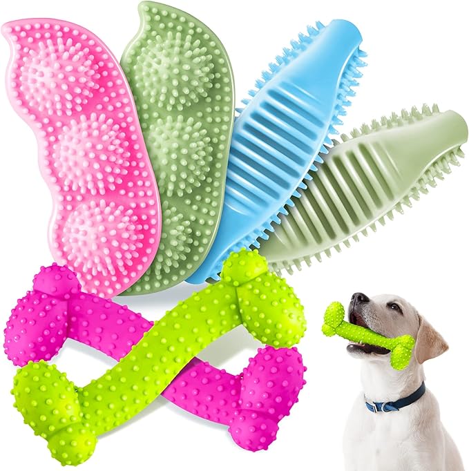 6 Pcs Puppy Teething Chew Toys Rubber Bones Shaped Dog Teething Rings Pet Cute Pink Small Dog Toys for 2-8 Months Small Dogs Cleaning Relieving Itching(Green, Deep Pink, Blue, Rose Red, Yellow Green)