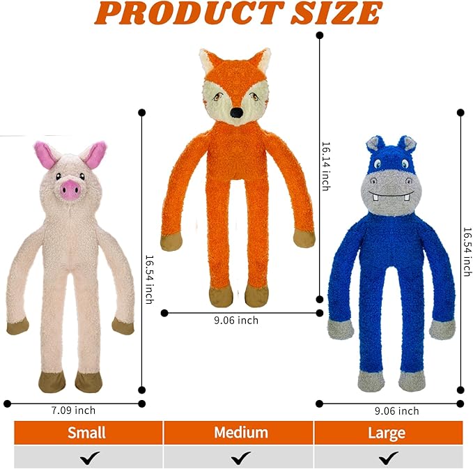 3 Pack No Stuffing Dog Toys Crinkle Squeaky Interactive Plush Dog Toy, not for Aggressive Chewers, to Keep Them Busy,Furry Friend Teething,Shape Orange Fox Pink Pig Blue Hippo