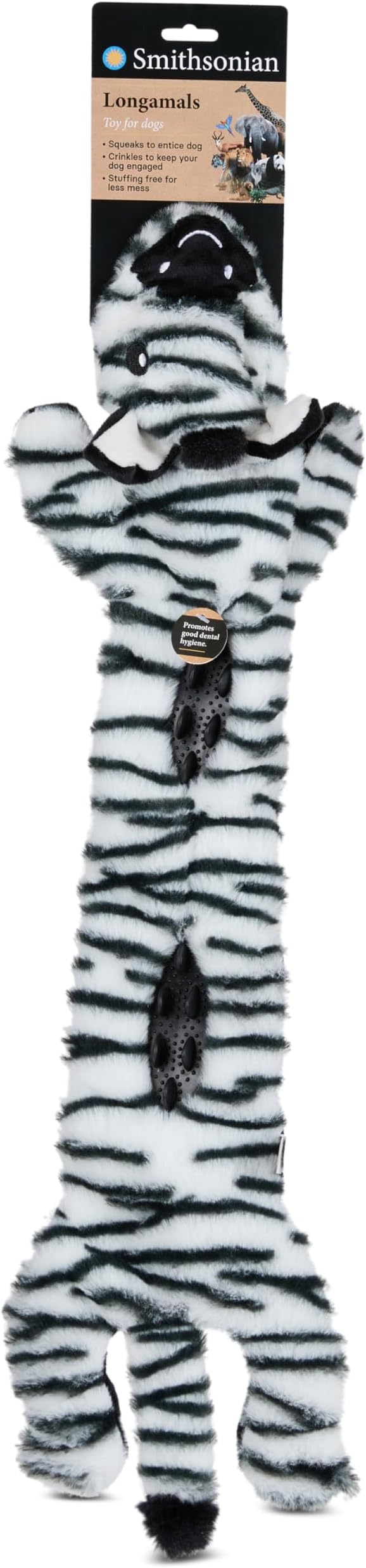 Smithsonian Longamals Zebra Plush Dog Toy – 30" Crinkle & Squeaky, Stuffing-Free Interactive Tug Toy for Medium & Large Dogs