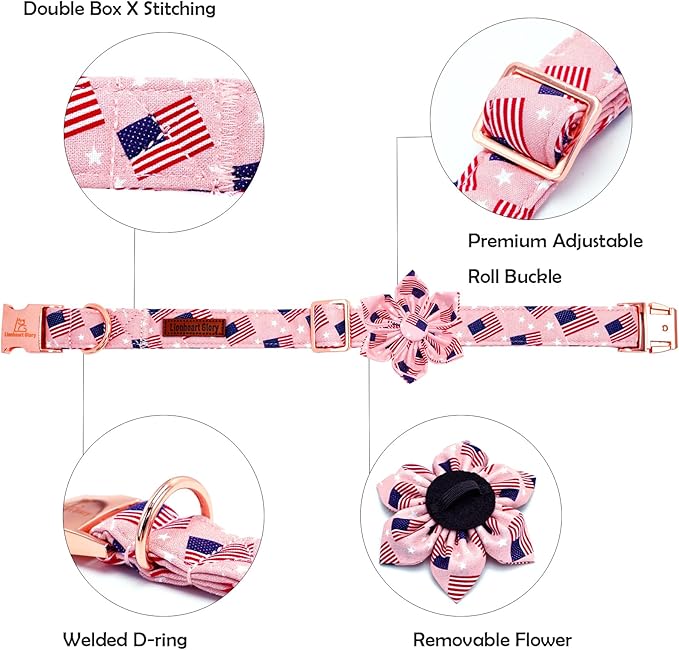 Lionheart glory American Flag Dog Collar 4 of July Dog Collars with Flower Independence Patriotic Dog Flower Collars Heavy Duty Adjustable Collar Flower for Medium Dogs Pet Gift