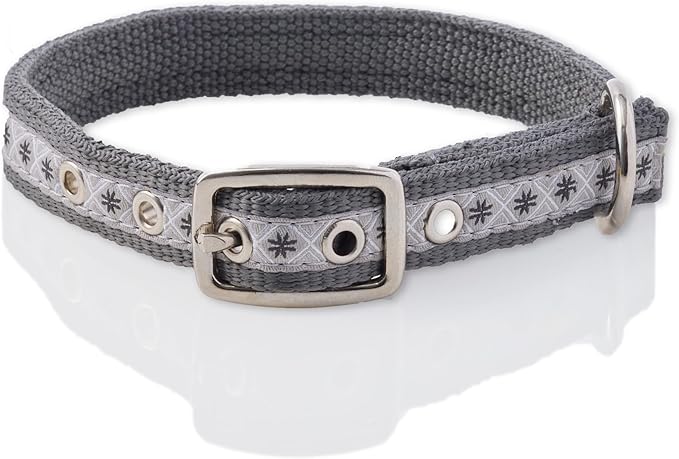 Adjustable Recycled Ribbon Dog Collar for All Pet Breeds, Fair Isle Gray, Small