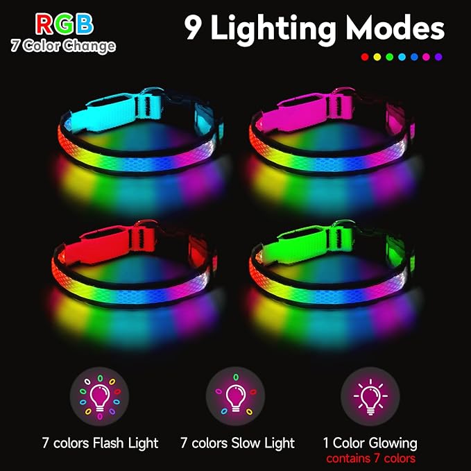 LED Dog Collar, Light Up Dog Collar USB Rechargeable, Nylon Adjustable Comfortable Soft Bright RGB 7 Colors Changeing Safety Light Glowing Collar for Medium and Large Dogs(Large,Green)