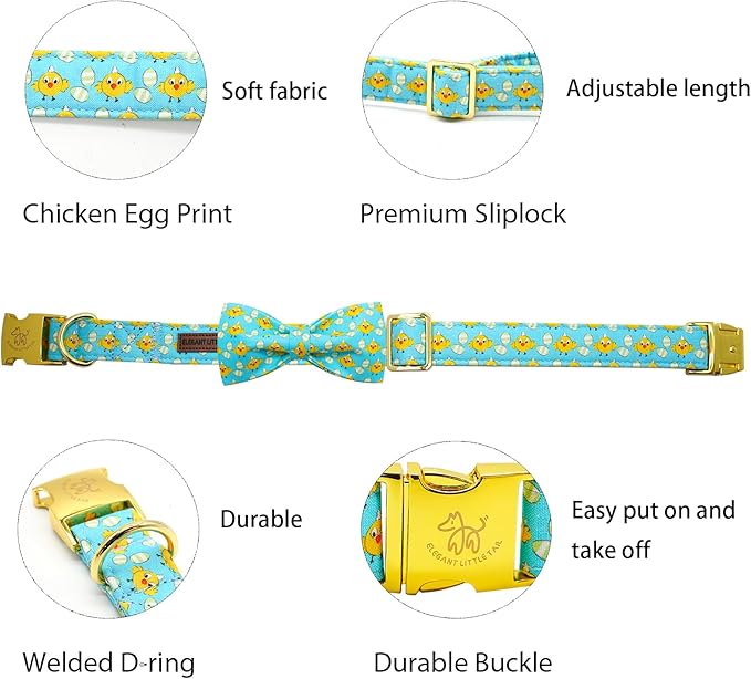 Elegant little tail Easter Dog Collar, Blue Chicken Eggs Print Dog Collar with Bow Puppy Collars Boy Pet Gift Puppy Bowtie Adjustable Pet Collars for X-Large Dogs