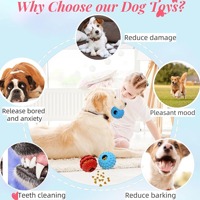 2Pack Interactive Dog Puzzle Toys for Treat Dispensing, Durable Rubber Dog Balls for Teething, Treat Ball for Small/Medium/Large, Slow Feeder/IQ Training Blue-3.14‘’,Red-2.67‘’