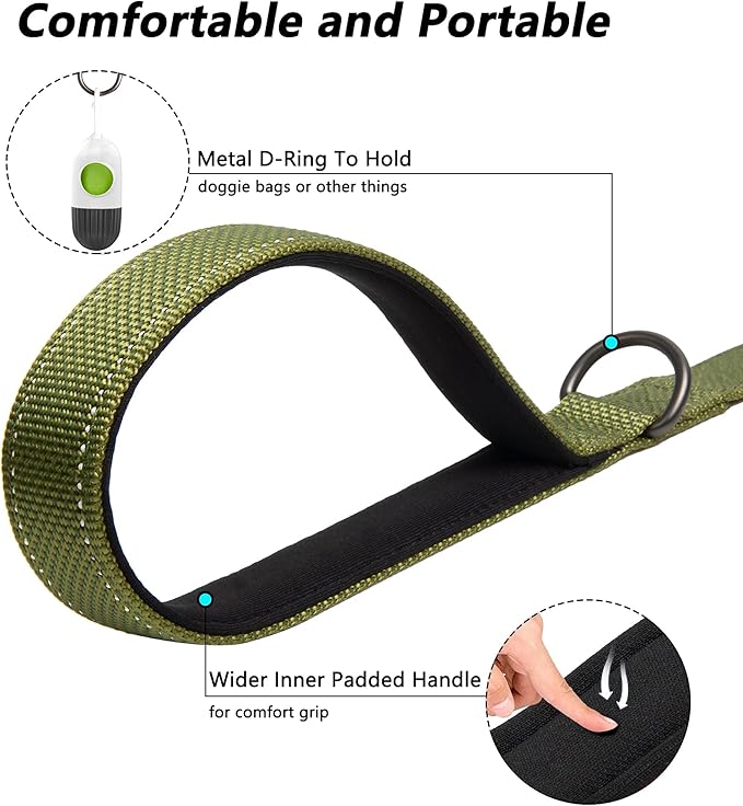 PetiFine 5FT Heavy Duty Dog Leash with Soft Padded Double Handle, Durable Strong Clasp Dog Leashes, Reflective Nylon Walking Lead for Large,Medium,Small Breed Dogs, Green