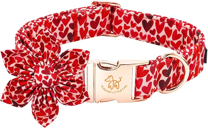Elegant little tail Valentine's Dog Collar with Flower, Cute Heart Dog Collar for Medium Dogs Female Adjustable Cotton Pet Collar with Flower for Small Medium Large Dogs
