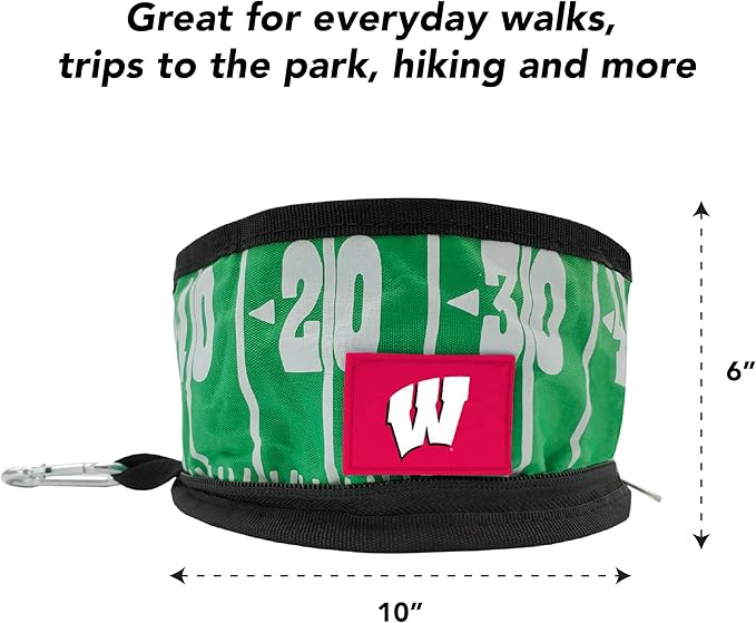 Pets First NCAA Wisconsin Badgers Collapsible Dog Travel Bowl, Food and Water Bowl for Dogs & Cats. Lightweight Leak-Proof Pet Bowl for Travel with Football Field & Pebble-Grain Design