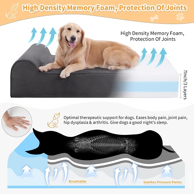 Orthopedic Dog Beds for Large Dogs, 7" Memory Foam Dog Beds with Waterproof Liner, Durable Microsuede Cover, Removable and Washable, Nonskid Bottom, 52"x36"x7" XL Grey