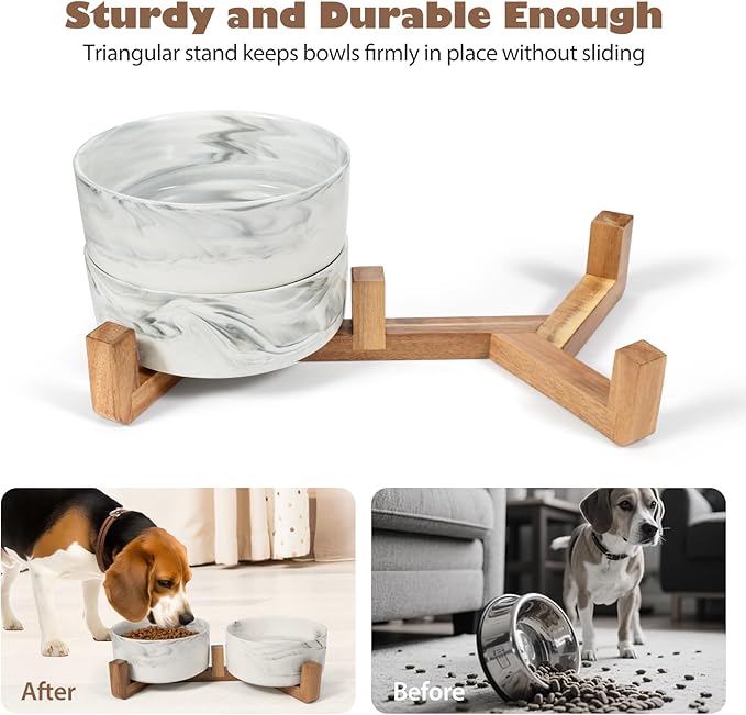 Dog Bowls Set with Wood Stand, 1.7-Cup Ceramic Puppy Bowls for Small Dogs,Weighted Food Water Bowl Set for Dog and Cat