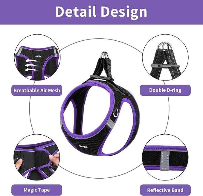 AMTOR Small Dog Harness with Leash Set, No Escape Easy Walk Puppy Harnesses for Training Walking, Step-in Reflective Soft Dogs Vest for XS S Medium Extra-Small Large Sized Dog(M,Black/Purple)