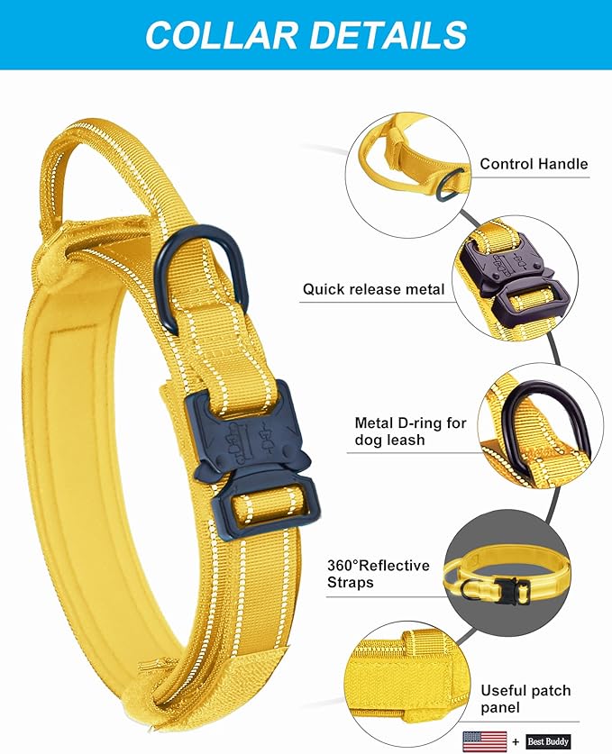 AUBELL Reflective Tactical Dog Collar,Adjustable Military Heavy Duty K9 Collars with Handle and Quick Release Metal Buckle Great for Medium Dogs, with Airtag Case and 2 Patches (Yellow,M)