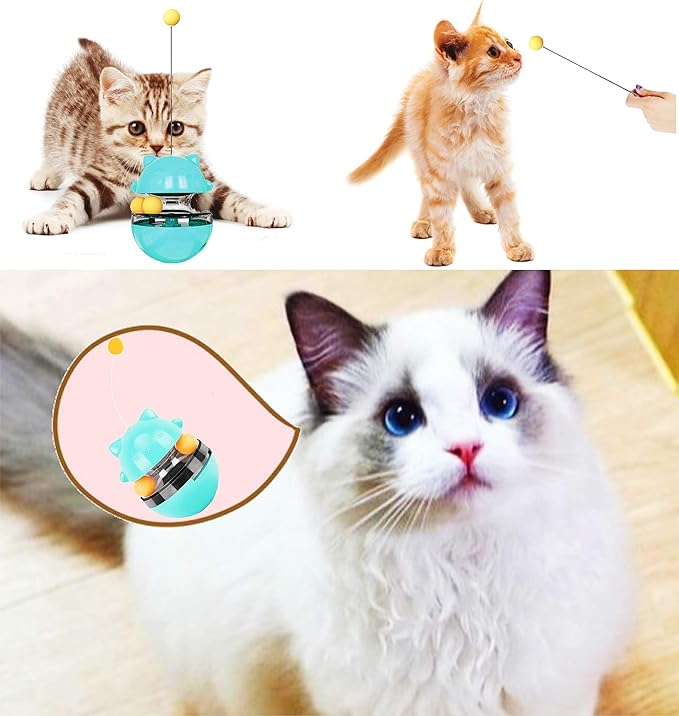 Cat Toy Funny Tumbler Interactive Ball, Treat Dispenser Automatic No-Electronic Move, More Exercise for Indoor Cats Kittens, Cat Self-Play IQ Traning Treat Toy Ball, Blue