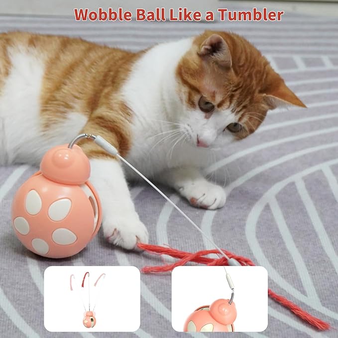 Cat Puzzle Toy for Indoor Cats - Ladybug Design with Treat Dispenser, Tumbler Ball & Detachable Wand Toy | Durable & Safe Interactive Pet Teaser Toy (Pink)