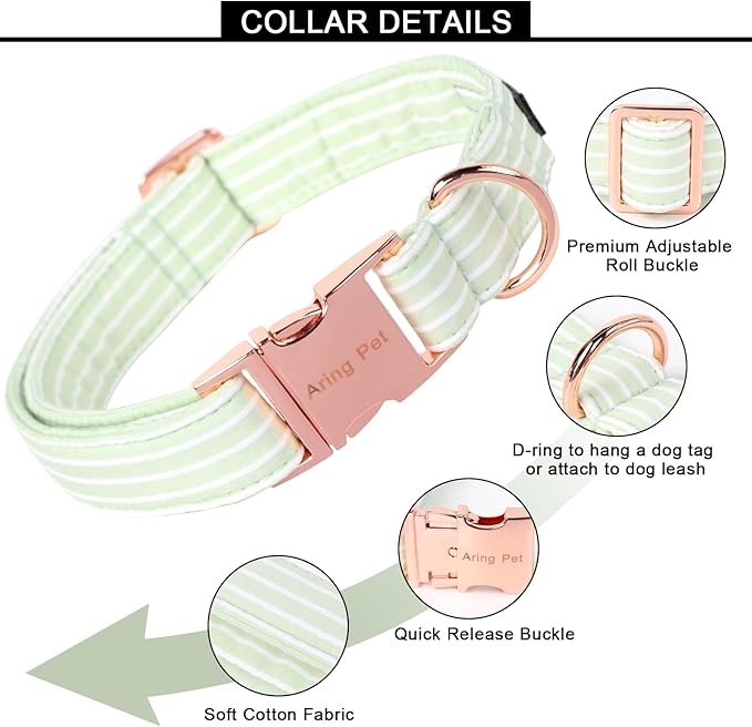 ARING PET Dog Collars with Bow, Green Stripe Adjustable Bowtie Pet Collar with Metal Buckle for Small Medium Large Boy Girl Dogs-M