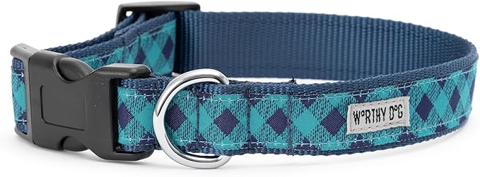 THE WORTHY DOG Collar for Small Dogs, Adjusts 6-12 inches, Durable Nylon Webbing, Quick Release Buckle, Bias Buffalo Plaid Pattern, Navy/Green, X-Small