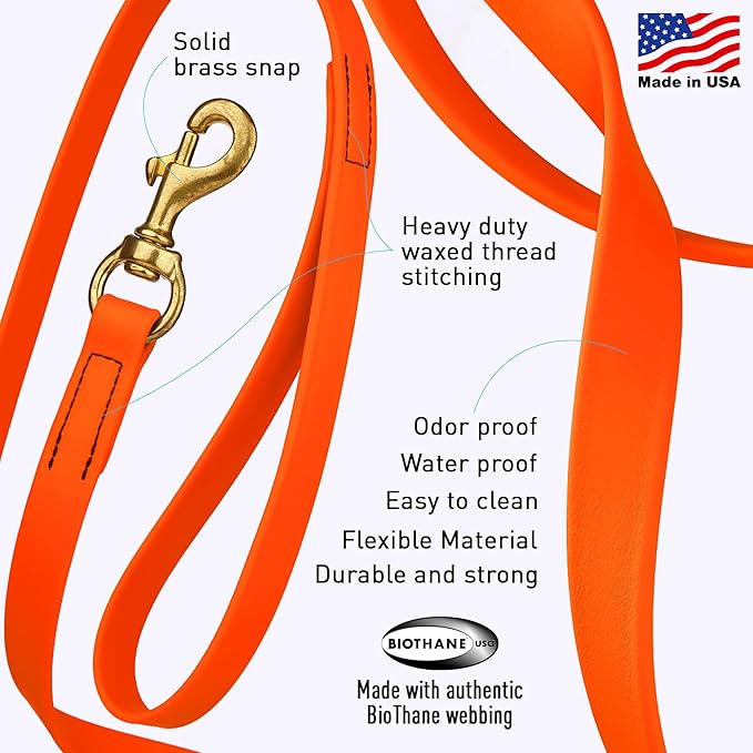 Viper K9 Biothane Working Dog Leash Waterproof Lead for Tracking Training Schutzhund Dog Sport & Search - Odor-Proof Long Line with Solid Brass Snap for Puppy Medium and Large 5/8" x 20ft HunterOrange