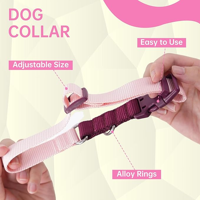 No Pull Dog Harness Leash and Collar Set, Soft Adjustable Dogs Vest Reflective and Comfortable Handle Pink Large