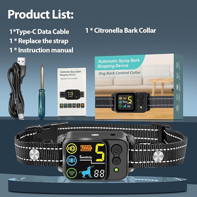 Citronella Bark Dog Collar [No Refill] Spray Dog Collar, with 5 Adjustable Sensitivity, Beep+Vibration+Spray 5 Working Modes Citronella Bark Collar, IP66 Waterproof Dog Spray Collar for L/M/S