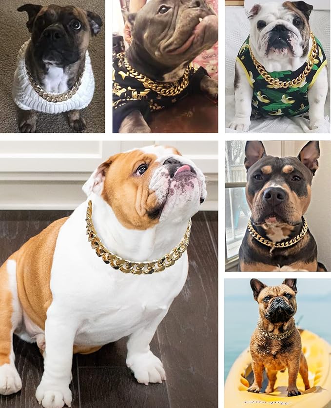 Gold Chain Dog Collar - 7/8 inch Wide Metal Cuban Link Dog Necklace with Leather Belt, Lightweight Protect Puppy's Neck, Cute Fashion Dog Jewelry Accessories 18 inches