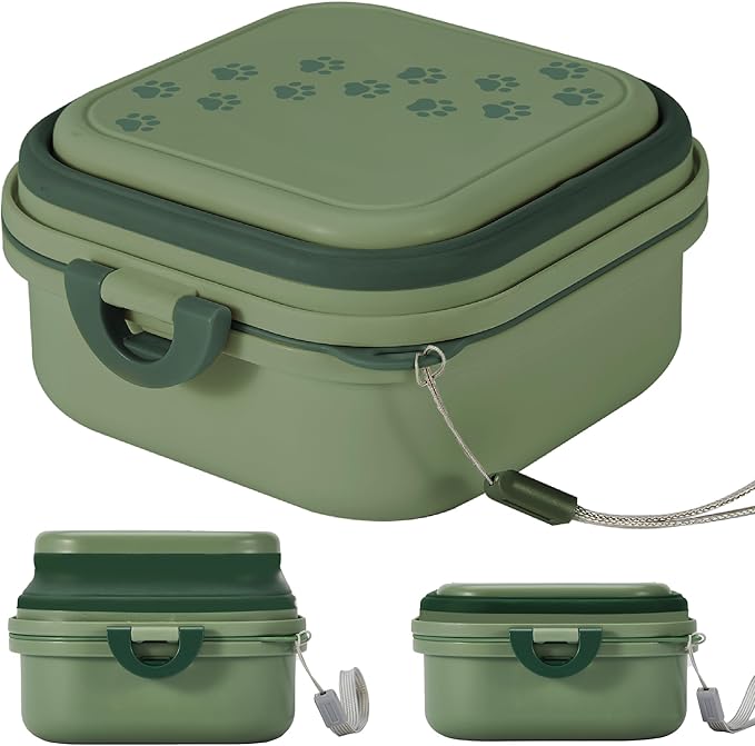 Collapsible Dog Water Bowl 30oz, 2 in 1 Portable Travel Dog Food Bowl with Lid, Easy Carry Loop Handle, Foldable Dog and Cat Food Bowl, Perfect for Traveling, Walking, Hiking (Green)