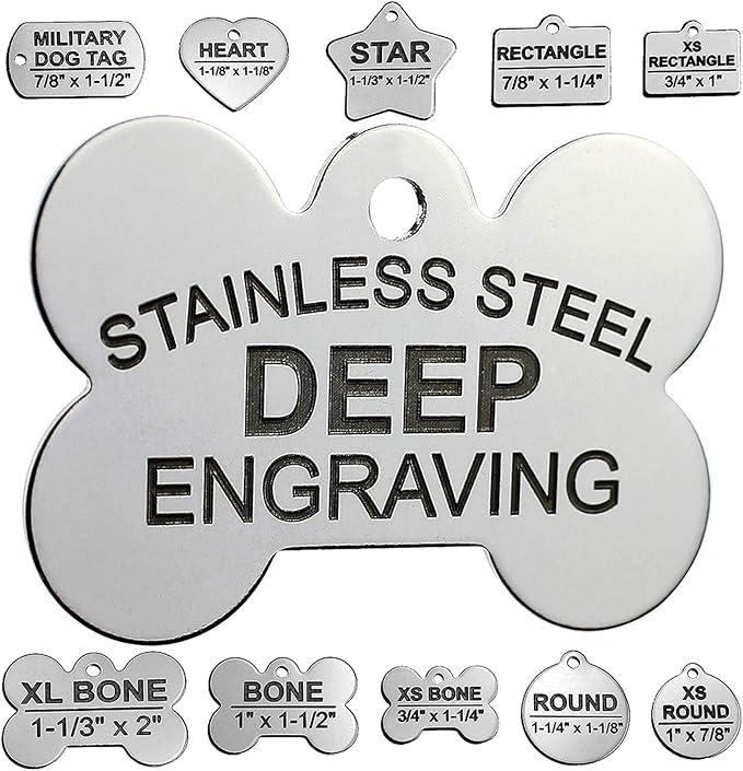 Stainless Steel Custom DEEP Engraved Pet ID Tags Personalized Front/Back Dog Tags for Dogs and Cats - Bone 1" x1-1/2 (1-Side Engraving)