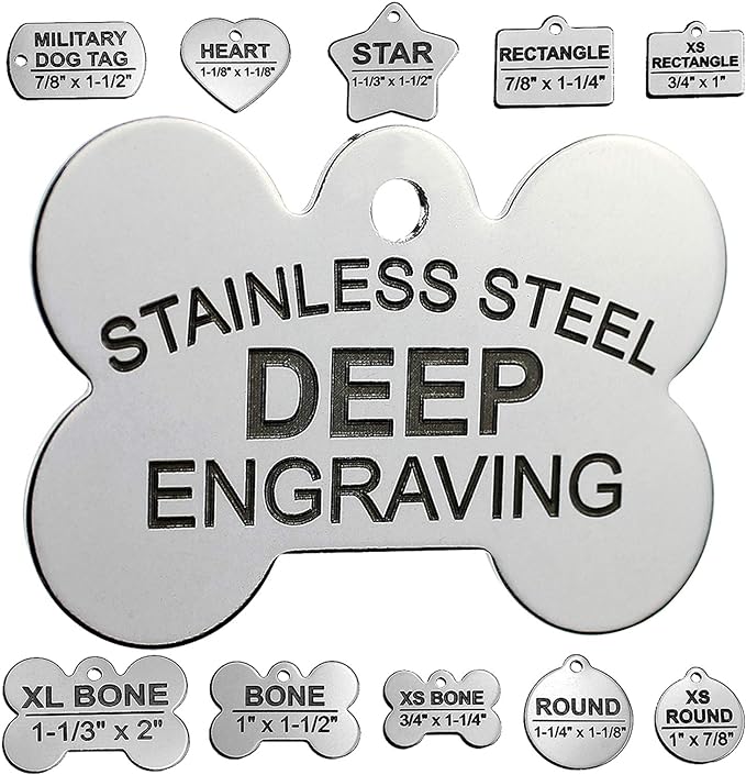Stainless Steel Custom DEEP Engraved Pet ID Tags Personalized Front/Back Dog Tags for Dogs and Cats - Bone 1" x1-1/2 (2-Side Engraving)