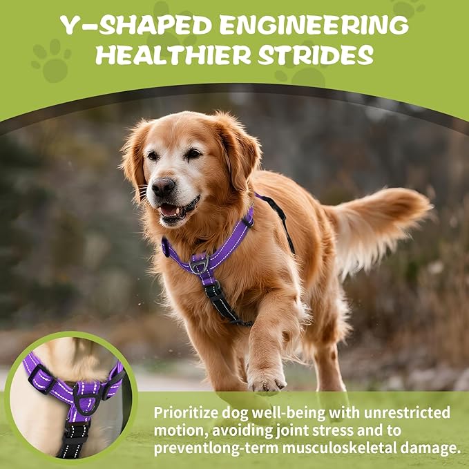 Dog Harness,Adjustable No Pull Dog Harness,Y-Shaped Design,Buckle-Neck Balance Harness with Reflective, Ideal for Dog Training Hiking, Easy Walk Harness,Durable High-Tensile Nylon Purple-S
