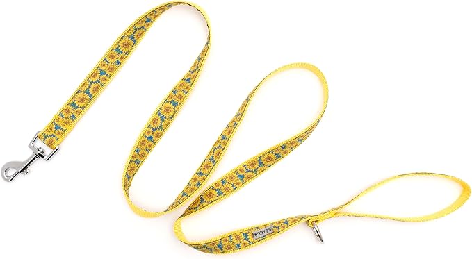 THE WORTHY DOG Stylish Sunflowers Patterned Leash for Dogs, Solid Nickel Plated - Blue/Yellow, Large